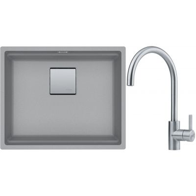 Franke Kanon KNG 110-52 zlewozmywak 52x42 cm Fragranite kamienny szary z baterią kuchenną Eos Neo stal szlachetna (1250528615, 1150590044)