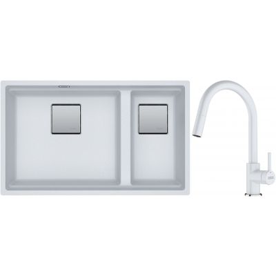 Franke Kanon KNG 120 zlewozmywak 76x46 cm Fragranite biały polarny z baterią kuchenną Lina Pull-Out biały polarny (1250528638, 1150626081)