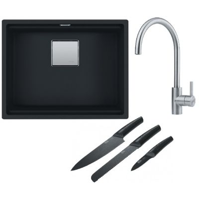Franke Kanon KNG 110-52 zlewozmywak 52x42 cm Fragranite czarny mat z baterią kuchenną Lina Pull-Out czarny mat (1250633002, 1150626053)