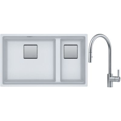 Franke Kanon KNG 120 zlewozmywak 76x46 cm Fragranite biały polarny z baterią kuchenną Eos Neo stal szlachetna (1250528638, 1150590045)