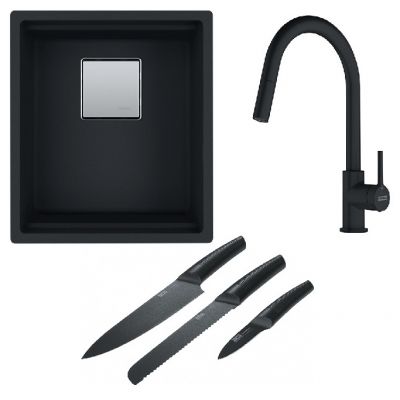 Franke Kanon KNG 110-37 zlewozmywak 37x42 cm z Fragranite czarny mat z baterią kuchenną Lina Pull-Out czarny mat (1250633001, 1150626053)