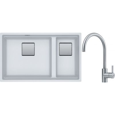 Franke Kanon KNG 120 zlewozmywak 76x46 cm Fragranite biały polarny z baterią kuchenną Eos Neo stal szlachetna (1250528638, 1150590044)