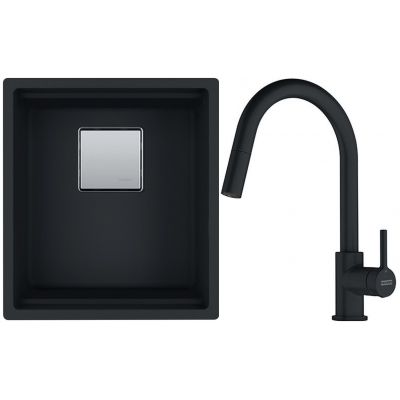 Franke Kanon KNG 110-37 zlewozmywak 37x42 cm z Fragranite czarny mat z baterią kuchenną Lina Pull-Out czarny mat (1250633001, 1150626053)