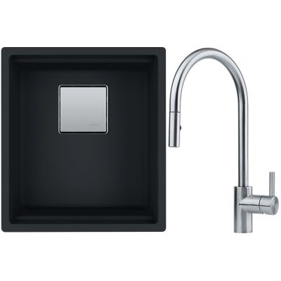 Franke Kanon KNG 110-37 zlewozmywak 37x42 cm z Fragranite czarny mat z baterią kuchenną Eos Neo stal szlachetna (1250633001, 1150590045)