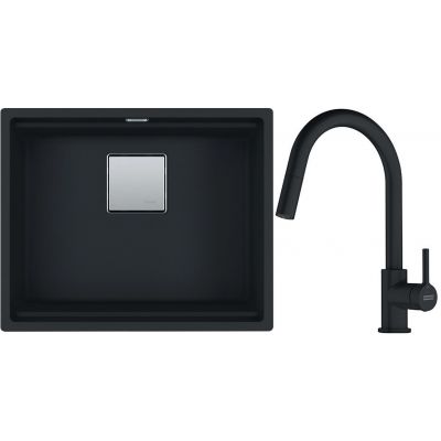 Franke Kanon KNG 110-52 zlewozmywak 52x42 cm Fragranite czarny mat z baterią kuchenną Lina Pull-Out czarny mat (1250633002, 1150626053)