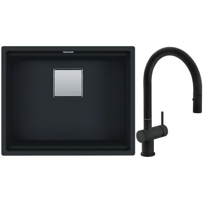 Franke Kanon KNG 110-52 zlewozmywak 52x42 cm Fragranite czarny mat z baterią kuchenną Active Neo czarny mat (1250633002, 1150653404)