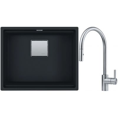 Franke Kanon KNG 110-52 zlewozmywak 52x42 cm Fragranite czarny mat z baterią kuchenną Eos Neo stal szlachetna (1250633002, 1150590045)