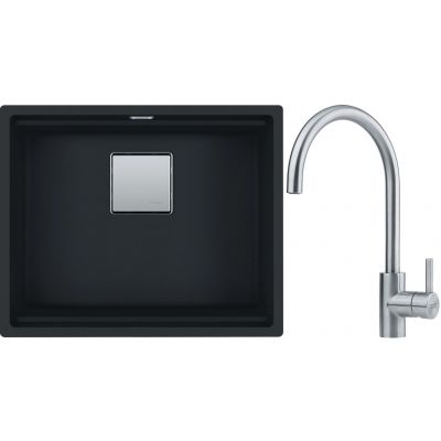 Franke Kanon KNG 110-52 zlewozmywak 52x42 cm Fragranite czarny mat z baterią kuchenną Eos Neo stal szlachetna (1250633002, 1150590044)