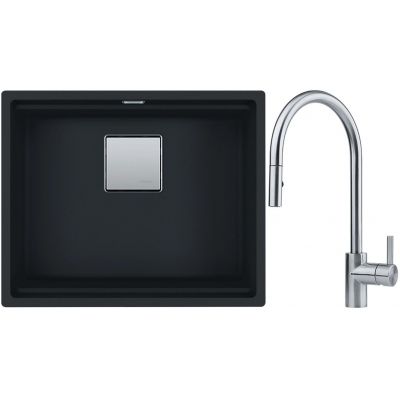 Franke Kanon KNG 110-62 zlewozmywak 62x42 cm Fragranite czarny mat z baterią kuchenną Eos Neo stal szlachetna (1250633003, 1150590045)