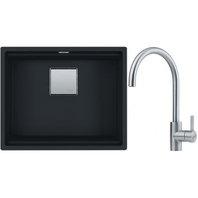 Franke Kanon KNG 110-62 zlewozmywak 62x42 cm Fragranite czarny mat z baterią kuchenną Eos Neo stal szlachetna (1250633003, 1150590044)