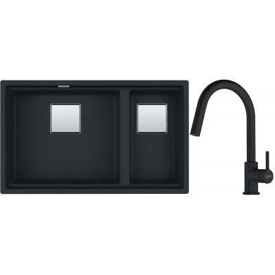 Franke Kanon KNG 120 zlewozmywak 76x46 cm Fragranite czarny mat z baterią kuchenną Lina Pull-Out czarny mat (1250633004, 1150626053)