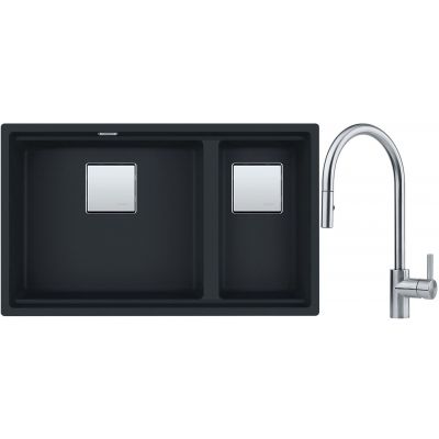 Franke Kanon KNG 120 zlewozmywak 76x46 cm Fragranite czarny mat z baterią kuchenną Eos Neo stal szlachetna (1250633004, 1150590045)
