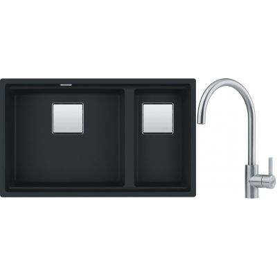Franke Kanon KNG 120 zlewozmywak 76x46 cm Fragranite czarny mat z baterią kuchenną Eos Neo stal szlachetna (1250633004, 1150590044)