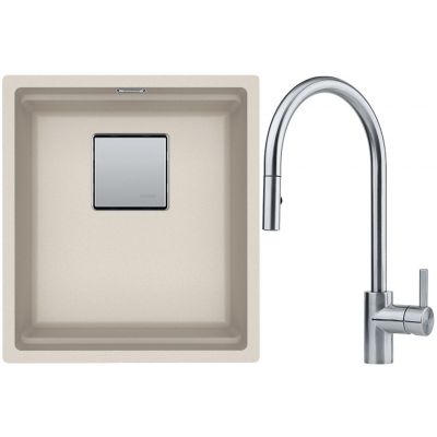 Franke Kanon KNG 110-37 zlewozmywak 37x42 cm Fragranite orzechowy z baterią kuchenną Eos Neo stal szlachetna (1250528626, 1150590045)