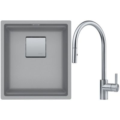 Franke Kanon KNG 110-37 zlewozmywak 37x42 cm Fragranite kamienny szary z baterią kuchenną Eos Neo stal szlachetna (1250528631, 1150590045)