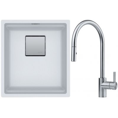 Franke Kanon KNG 110-37 zlewozmywak 37x42 cm Fragranite biały polarny z baterią kuchenną Eos Neo stal szlachetna (1250528630, 1150590045)