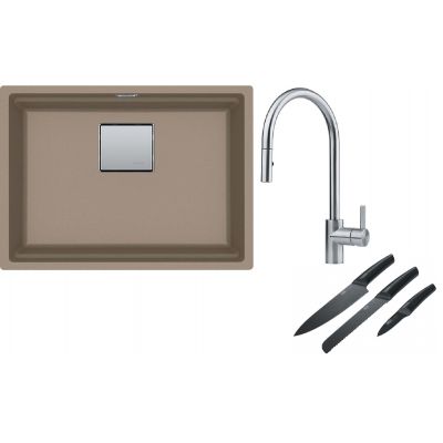 Franke Kanon KNG 110-52 zlewozmywak 52x42 cm Fragranite cappuccino z baterią kuchenną Eos Neo stal szlachetna i zestawem noży kuchennych (1250528613, 1150590045, 1120545792)