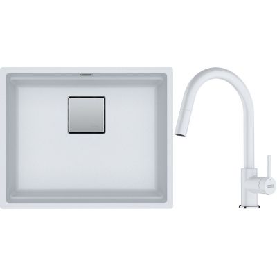 Franke Kanon KNG 110-52 zlewozmywak 52x42 cm Fragranite biały polarny z baterią kuchenną Lina Pull-Out biały polarny (1250528614, 1150626081)