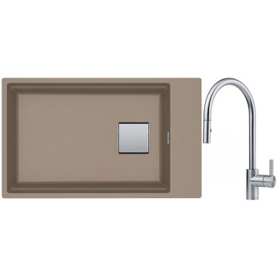 Franke Kanon KNG 110-62 zlewozmywak 62x42 cm Fragranite cappuccino z baterią kuchenną Eos Neo stal szlachetna (1250528621, 1150590045)