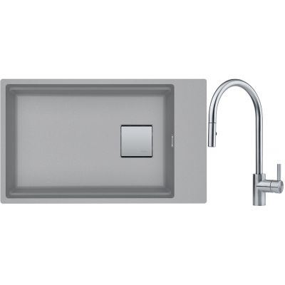 Franke Kanon KNG 110-62 zlewozmywak 62x42 cm Fragranite kamienny szary z baterią kuchenną Eos Neo stal szlachetna (1250528623, 1150590045)