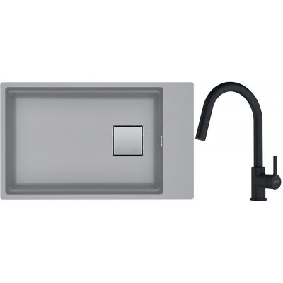 Franke Kanon KNG 110-62 zlewozmywak 62x42 cm Fragranite kamienny szary z baterią kuchenną Lina Pull-Out czarny mat (1250528623, 1150626053)