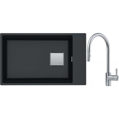 Franke Kanon KNG 110-62 zlewozmywak 62x42 cm Fragranite onyx z baterią kuchenną Eos Neo stal szlachetna (1250528620, 1150590045)