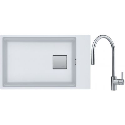 Franke Kanon KNG 110-62 zlewozmywak 62x42 cm Fragranite biały polarny z baterią kuchenną Eos Neo stal szlachetna (1250528622, 1150590045)