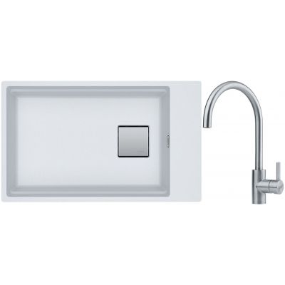 Franke Kanon KNG 110-62 zlewozmywak 62x42 cm Fragranite biały polarny z baterią kuchenną Eos Neo stal szlachetna (1250528622, 1150590044)