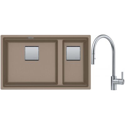 Franke Kanon KNG 120 zlewozmywak 76x46 cm Fragranite cappuccino z baterią kuchenną Eos Neo stal szlachetna (1250528637, 1150590045)