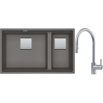 Franke Kanon KNG 120 zlewozmywak 76x46 cm Fragranite kamienny szary z baterią kuchenną Eos Neo stal szlachetna (1250528639, 1150590045)