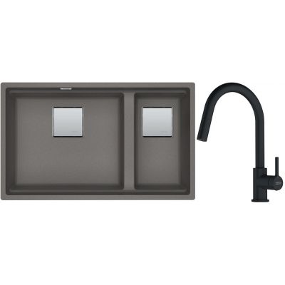 Franke Kanon KNG 120 zlewozmywak 76x46 cm Fragranite kamienny szary z baterią kuchenną Lina Pull-Out czarny mat (1250528639, 1150626053)