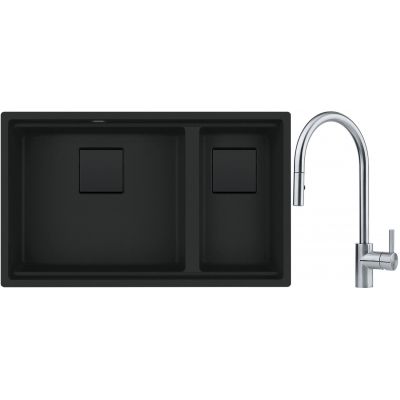Franke Kanon KNG 160-46-21 zlewozmywak granitowy 76x46 cm czarny mat z baterią kuchenną Eos Neo stal szlachetna (1250721162, 1150590045)
