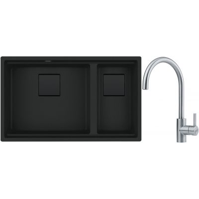 Franke Kanon KNG 160-46-21 zlewozmywak granitowy 76x46 cm czarny mat z baterią kuchenną Eos Neo stal szlachetna (1250721162, 1150590044)