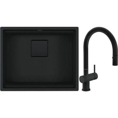 Franke Kanon KNG 110-52 zlewozmywak 56x46 cm Fragranite czarny mat z baterią kuchenną Active Neo czarny mat (1250721150, 1150653404)
