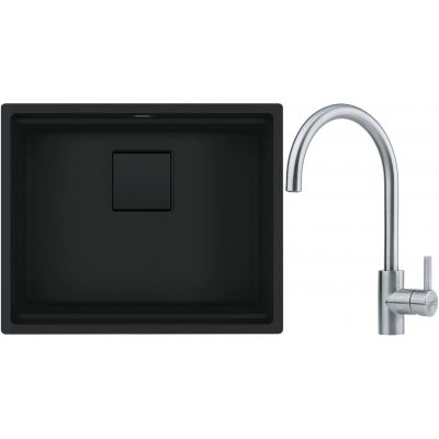 Franke Kanon KNG 110-52 zlewozmywak 56x46 cm Fragranite czarny mat z baterią kuchenną Eos Neo stal szlachetna (1250721150, 1150590044)