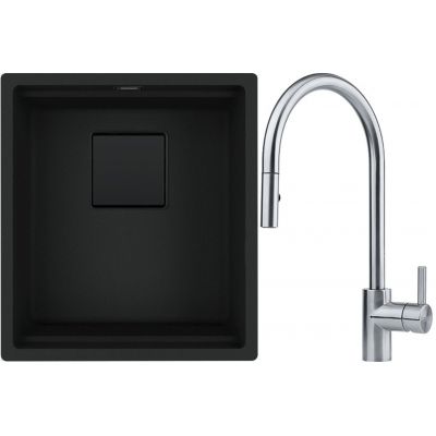 Franke Kanon KNG 110-37 zlewozmywak granitowy 46x41 cm czarny mat z baterią kuchenną Eos Neo stal szlachetna (1250721149, 1150590045)
