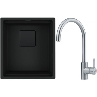 Franke Kanon KNG 110-37 zlewozmywak granitowy 46x41 cm czarny mat z baterią kuchenną Eos Neo stal szlachetna (1250721149, 1150590044)