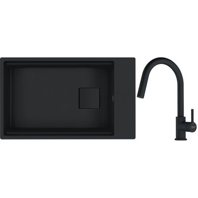 Franke Kanon KNG 110-62 zlewozmywak granitowy 76x46 cm czarny z baterią kuchenną Lina Pull-Out czarny mat (1250721161, 1150626053)