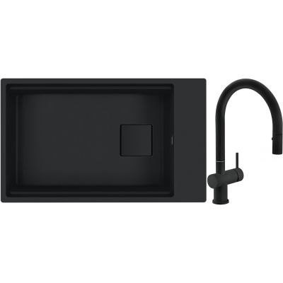 Franke Kanon KNG 110-62 zlewozmywak granitowy 76x46 cm czarny z baterią kuchenną Active Neo czarny mat (1250721161, 1150653404)
