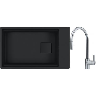 Franke Kanon KNG 110-62 zlewozmywak granitowy 76x46 cm czarny z baterią kuchenną Eos Neo stal szlachetna (1250721161, 1150590045)