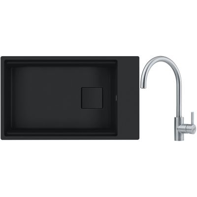 Franke Kanon KNG 110-62 zlewozmywak granitowy 76x46 cm czarny z baterią kuchenną Eos Neo stal szlachetna (1250721161, 1150590044)