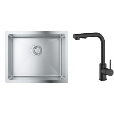 Zestaw Grohe K700 zlewozmywak 50x40 cm z baterią kuchenną Oltens Myvat stal szlachetna/czarny mat (35205300, 31574SD1)