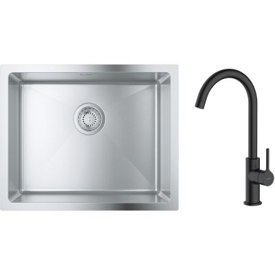 Zestaw Grohe K700 zlewozmywak 50x40 cm z baterią kuchenną Oltens Skafta stal szlachetna/czarny mat (35206300, 31574SD1)