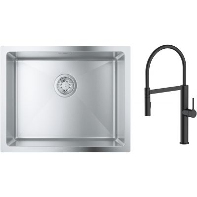 Zestaw Grohe K700 zlewozmywak 50x40 cm z baterią kuchenną Oltens Borga stal szlachetna/czarny mat (35207300, 31574SD1)