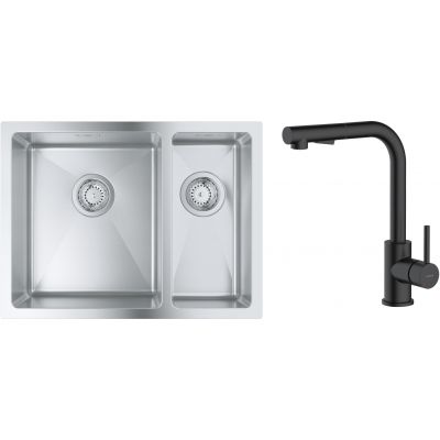 Zestaw Grohe K700 zlewozmywak 59,5x45 cm z baterią kuchenną Oltens Myvat stal szlachetna/czarny mat (31577SD1, 35205300)