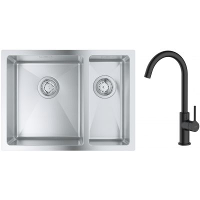 Zestaw Grohe K700 zlewozmywak 59,5x45 cm z baterią kuchenną Oltens Skaft stal szlachetna/czarny mat (31577SD1, 35206300)