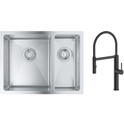Zestaw Grohe K700 zlewozmywak 59,5x45 cm z baterią kuchenną Oltens Borga stal szlachetna/czarny mat (31577SD1, 35207300)