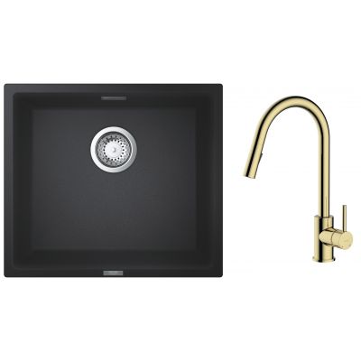 Zestaw Grohe K700 zlewozmywak granitowy 45,7x40,6 cm z baterią kuchenną Oltens Litla czarny granit/złoty połysk (35204800, 31653AP0)