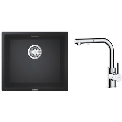 Zestaw Grohe K700 zlewozmywak granitowy 45,7x40,6 cm z baterią kuchenną Oltens Myvat czarny granit/chrom (35205100, 31653AP0)