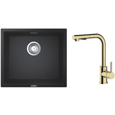 Zestaw Grohe K700 zlewozmywak granitowy 45,7x40,6 cm z baterią kuchenną Oltens Myvat czarny granit/złoty połysk (35205800, 31653AP0)